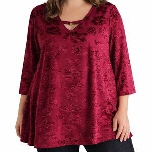 Catherines Burgundy Velvet Burnout Tunic Top 2X 22/24W V-Neck Keyhole 3/4 Sleeve